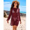 imageANRABESS Women Swimsuit Swim Coverup 2025 Long Sleeve Mini Crochet Pool Bathing Suit Swimwear Mesh Knit Beach Vacation DressBurgundy