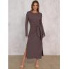 imageANRABESS Womens 2025 Fall Long Sleeve Maxi Dress Crewneck Tie Waist Slit Casual Work Long T Shirt Dresses Trendy OutfitsCoffee