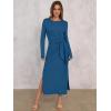 imageANRABESS Womens 2025 Fall Long Sleeve Maxi Dress Crewneck Tie Waist Slit Casual Work Long T Shirt Dresses Trendy OutfitsCyan