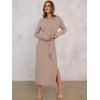 imageANRABESS Womens 2025 Fall Long Sleeve Maxi Dress Crewneck Tie Waist Slit Casual Work Long T Shirt Dresses Trendy OutfitsKhaki