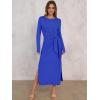 imageANRABESS Womens 2025 Fall Long Sleeve Maxi Dress Crewneck Tie Waist Slit Casual Work Long T Shirt Dresses Trendy OutfitsRoyal Blue