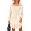 imageANRABESS Womens Long Lantern Sleeve Square Neck Dress Smocked Tiered High Waist Ruffle Flowy Swing 2025 Fall Short DressesBeige