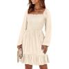imageANRABESS Womens Long Lantern Sleeve Square Neck Dress Smocked Tiered High Waist Ruffle Flowy Swing 2025 Fall Short DressesBeige