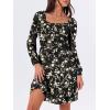 imageANRABESS Womens Long Lantern Sleeve Square Neck Dress Smocked Tiered High Waist Ruffle Flowy Swing 2025 Fall Short DressesBlack Floral