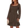 imageANRABESS Womens Long Lantern Sleeve Square Neck Dress Smocked Tiered High Waist Ruffle Flowy Swing 2025 Fall Short DressesBrown