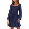 imageANRABESS Womens Long Lantern Sleeve Square Neck Dress Smocked Tiered High Waist Ruffle Flowy Swing 2025 Fall Short DressesNavy Blue