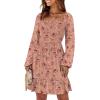 imageANRABESS Womens Long Lantern Sleeve Square Neck Dress Smocked Tiered High Waist Ruffle Flowy Swing 2025 Fall Short DressesPrint Rose Pink