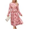 imageANRABESS Womens Floral Chiffon Midi Dress Puff Long Sleeve Mock Neck Summer Wedding Guest Party Dresses Fall 2025 OutfitsPink Red Rose