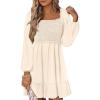 imageANRABESS Womens Long Lantern Sleeve Square Neck Dress Smocked Tiered High Waist Ruffle Flowy Swing 2025 Fall Short DressesBeige