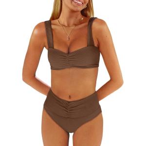 imageANRABESS Bathing Suit for Women Tummy Control Bikini Set 2025 Beach Front Ruched Mid Waist Swimsuit with Adjustable StrapsBrown