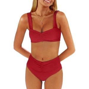 imageANRABESS Bathing Suit for Women Tummy Control Bikini Set 2025 Beach Front Ruched Mid Waist Swimsuit with Adjustable StrapsRed