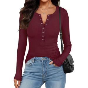 imageANRABESS Long Sleeve Shirts for Women Henley Button Down Tops Ribbed Knit Slim Fit Fall Basic Tee 2025 Casual Trendy ClothesBurgundy