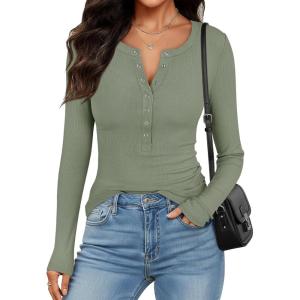 imageANRABESS Long Sleeve Shirts for Women Henley Button Down Tops Ribbed Knit Slim Fit Fall Basic Tee 2025 Casual Trendy ClothesSage Green