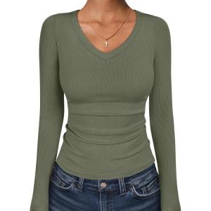 imageANRABESS Long Sleeve Shirts for Women V Neck Ribbed Knit Fitted Fall Basic Tshirts Going Out Tops 2025 Casual Trendy ClothesArmy Green