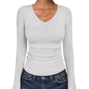 imageANRABESS Long Sleeve Shirts for Women V Neck Ribbed Knit Fitted Fall Basic Tshirts Going Out Tops 2025 Casual Trendy ClothesBright Grey