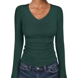 imageANRABESS Long Sleeve Shirts for Women V Neck Ribbed Knit Fitted Fall Basic Tshirts Going Out Tops 2025 Casual Trendy ClothesDeep Green