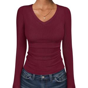 imageANRABESS Long Sleeve Shirts for Women V Neck Ribbed Knit Fitted Fall Basic Tshirts Going Out Tops 2025 Casual Trendy ClothesDeep Red