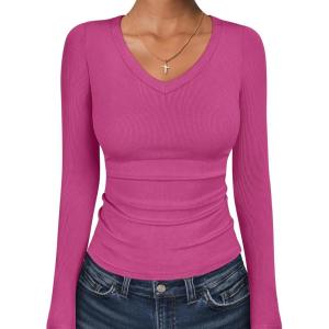 imageANRABESS Long Sleeve Shirts for Women V Neck Ribbed Knit Fitted Fall Basic Tshirts Going Out Tops 2025 Casual Trendy ClothesHot Pink