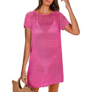 imageANRABESS Swimsuit Cover Up for Women 2025 Crochet Bathing Suit Swimwear Mesh Knit Beach Dress Summer Vacation Outfit ClothesHot Pink