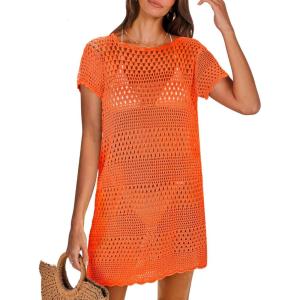 imageANRABESS Swimsuit Cover Up for Women 2025 Crochet Bathing Suit Swimwear Mesh Knit Beach Dress Summer Vacation Outfit ClothesOrange