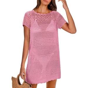 imageANRABESS Swimsuit Cover Up for Women 2025 Crochet Bathing Suit Swimwear Mesh Knit Beach Dress Summer Vacation Outfit ClothesPink