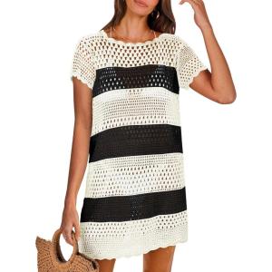 imageANRABESS Swimsuit Cover Up for Women 2025 Crochet Bathing Suit Swimwear Mesh Knit Beach Dress Summer Vacation Outfit ClothesStripe Black White