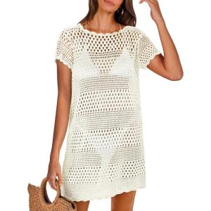 imageANRABESS Swimsuit Cover Up for Women 2025 Crochet Bathing Suit Swimwear Mesh Knit Beach Dress Summer Vacation Outfit ClothesWhite