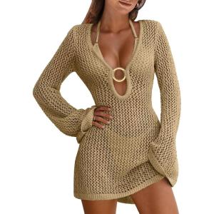 imageANRABESS Women Beach Crochet Cover Ups Summer Knit Swimwear Mesh Bathing Suit Hollow Out Dress 2025 Vacation SwimsuitKhaki