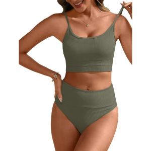 imageANRABESS Women High Waisted Bikini Sets Color Block Summer Beach Vacation 2 Piece Bathing Suit Tummy Control Ribbed SwimsuitArmy Green