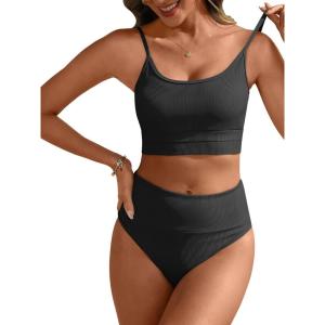 imageANRABESS Women High Waisted Bikini Sets Color Block Summer Beach Vacation 2 Piece Bathing Suit Tummy Control Ribbed SwimsuitBlack