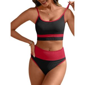imageANRABESS Women High Waisted Bikini Sets Color Block Summer Beach Vacation 2 Piece Bathing Suit Tummy Control Ribbed SwimsuitBlack Red