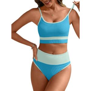 imageANRABESS Women High Waisted Bikini Sets Color Block Summer Beach Vacation 2 Piece Bathing Suit Tummy Control Ribbed SwimsuitBlue Green