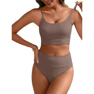 imageANRABESS Women High Waisted Bikini Sets Color Block Summer Beach Vacation 2 Piece Bathing Suit Tummy Control Ribbed SwimsuitBrown