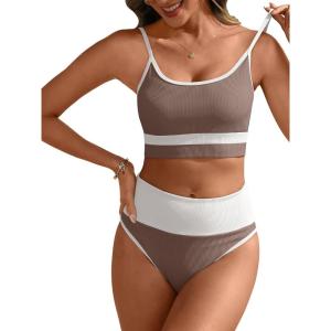 imageANRABESS Women High Waisted Bikini Sets Color Block Summer Beach Vacation 2 Piece Bathing Suit Tummy Control Ribbed SwimsuitBrown White