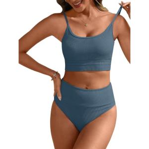 imageANRABESS Women High Waisted Bikini Sets Color Block Summer Beach Vacation 2 Piece Bathing Suit Tummy Control Ribbed SwimsuitGrey Blue