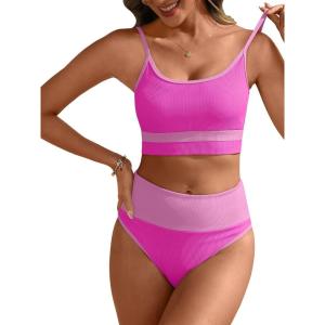 imageANRABESS Women High Waisted Bikini Sets Color Block Summer Beach Vacation 2 Piece Bathing Suit Tummy Control Ribbed SwimsuitHot Pink