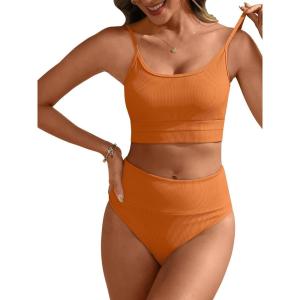 imageANRABESS Women High Waisted Bikini Sets Color Block Summer Beach Vacation 2 Piece Bathing Suit Tummy Control Ribbed SwimsuitOrange