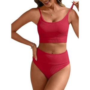 imageANRABESS Women High Waisted Bikini Sets Color Block Summer Beach Vacation 2 Piece Bathing Suit Tummy Control Ribbed SwimsuitRed