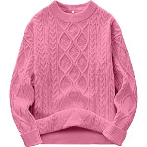imageANRABESS Women Oversized Chunky Cable Knitted Vintage Sweater 2025 Fall Winter OutfitsPink