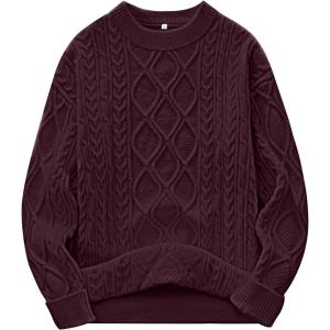 imageANRABESS Women Oversized Chunky Cable Knitted Vintage Sweater 2025 Fall Winter OutfitsWine Red