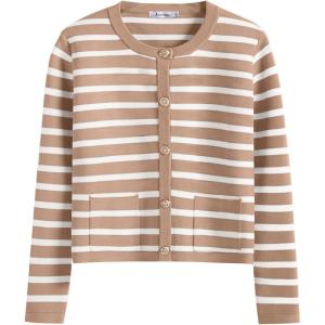 imageANRABESS Women Striped Cardigan Sweaters Button Down Cropped Knit Lady Jackets Coat 2025 Fall Outfits Trendy ClothesApricot White Stripe