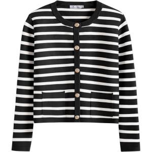 imageANRABESS Women Striped Cardigan Sweaters Button Down Cropped Knit Lady Jackets Coat 2025 Fall Outfits Trendy ClothesBlack White Stripe