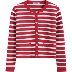 imageANRABESS Women Striped Cardigan Sweaters Button Down Cropped Knit Lady Jackets Coat 2025 Fall Outfits Trendy ClothesRed White Stripe