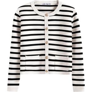 imageANRABESS Women Striped Cardigan Sweaters Button Down Cropped Knit Lady Jackets Coat 2025 Fall Outfits Trendy ClothesWhite Black Stripe