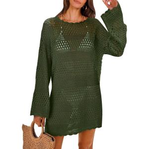 imageANRABESS Women Swimsuit Crochet Swim Cover Up 2025 Summer Bathing Suit Swimwear Mesh Knit Beach Dress Vacation OutfitsArmy Green
