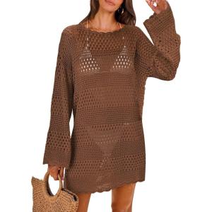 imageANRABESS Women Swimsuit Crochet Swim Cover Up 2025 Summer Bathing Suit Swimwear Mesh Knit Beach Dress Vacation OutfitsBrown