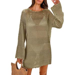 imageANRABESS Women Swimsuit Crochet Swim Cover Up 2025 Summer Bathing Suit Swimwear Mesh Knit Beach Dress Vacation OutfitsKhaki