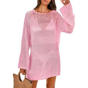imageANRABESS Women Swimsuit Crochet Swim Cover Up 2025 Summer Bathing Suit Swimwear Mesh Knit Beach Dress Vacation OutfitsLight Pink