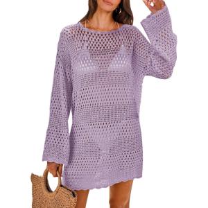 imageANRABESS Women Swimsuit Crochet Swim Cover Up 2025 Summer Bathing Suit Swimwear Mesh Knit Beach Dress Vacation OutfitsLight Purple
