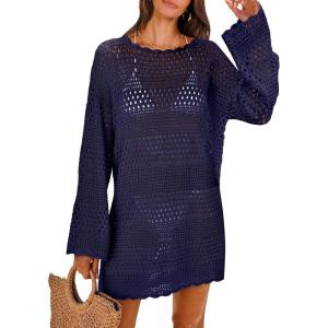 imageANRABESS Women Swimsuit Crochet Swim Cover Up 2025 Summer Bathing Suit Swimwear Mesh Knit Beach Dress Vacation OutfitsNavy Blue